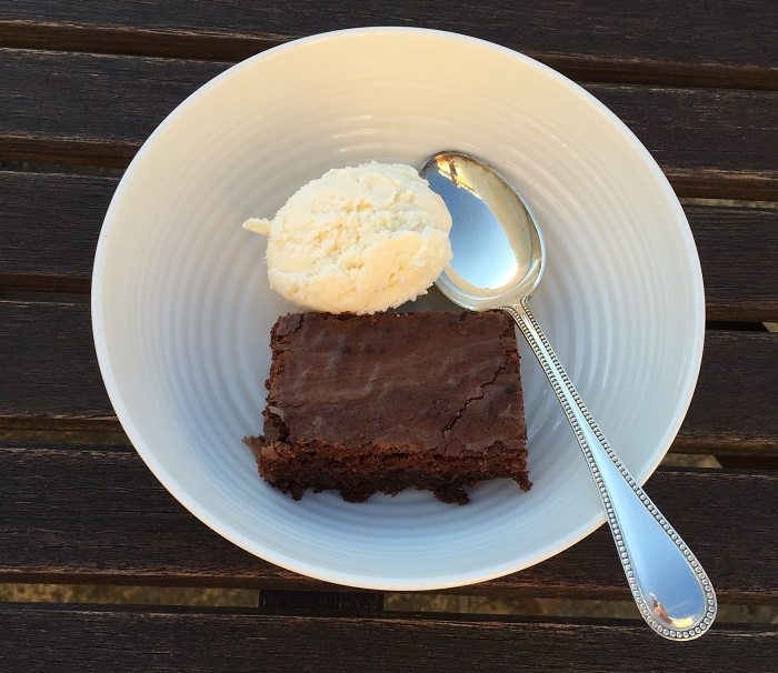 Chocolate brownies and Yeo Valley ice cream