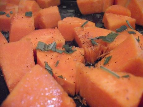 Drizzle the chunks with oil and sprinkle with sage