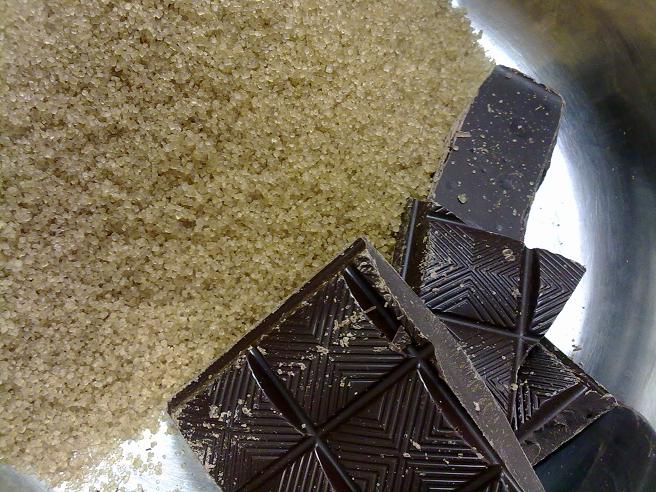Put sugar and chocolate into saucepan