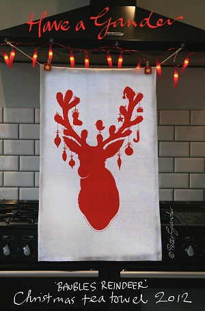 Have a Gander's baubles reindeer tea towel
