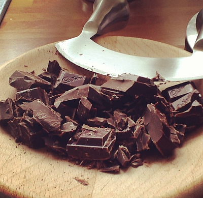 Chopping chocolate with my new birthday mezzaluna