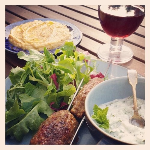 Easy spiced lamb kofta kebabs with coriander hummus and tzatziki