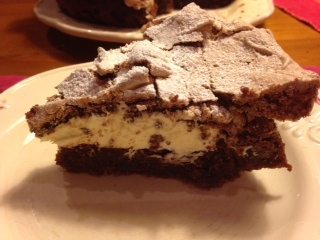 Peggy Falbos chocolate fudge cake with white chocolate mascarpone mousse topped with a chocolate meringue
