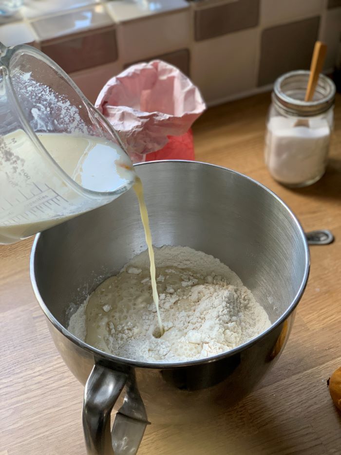 Pour the mixture into the dry ingredients