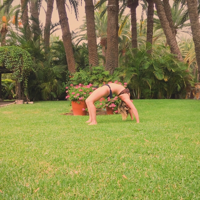 Having a go at yoga at the Seaside Palm Beach Hotel, Gran Canaria