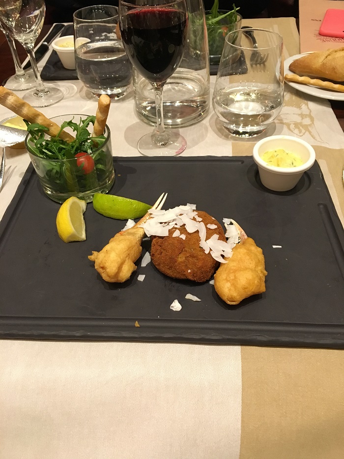 My Cajun spiced crab cake with snow crab claw tempura at the Chicago Steakhouse