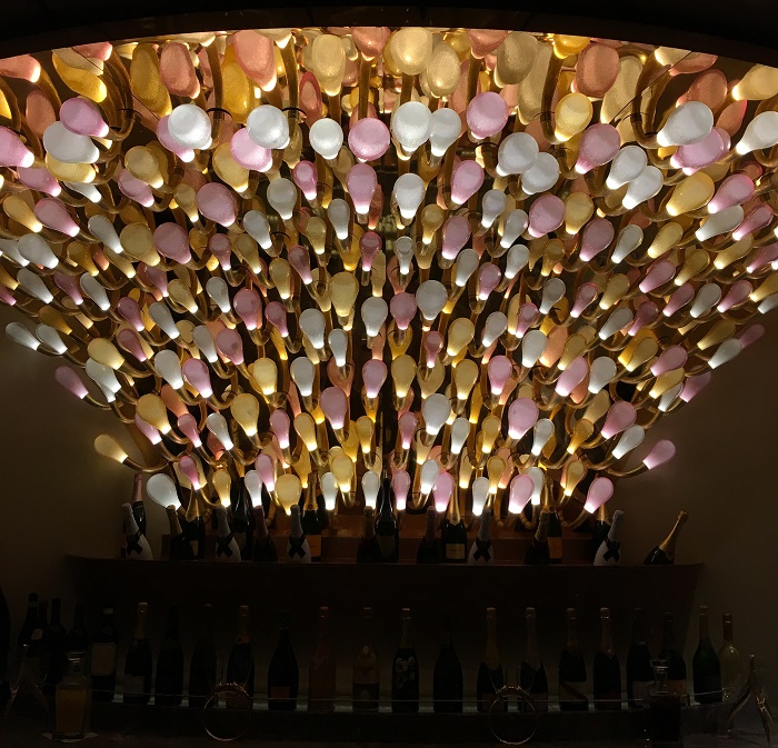The light installation behind the bar in Pink