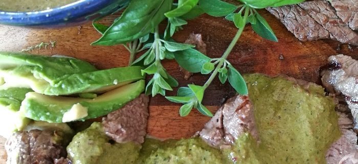 Steak with basil chimichurri sauce
