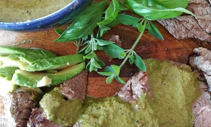 Steak with basil chimichurri sauce