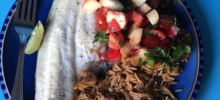 Easy summer dinners: grilled plaice with mushroom rice and peach salsa