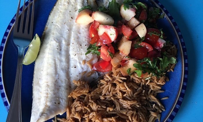 Easy summer dinners: grilled plaice with mushroom rice and peach salsa