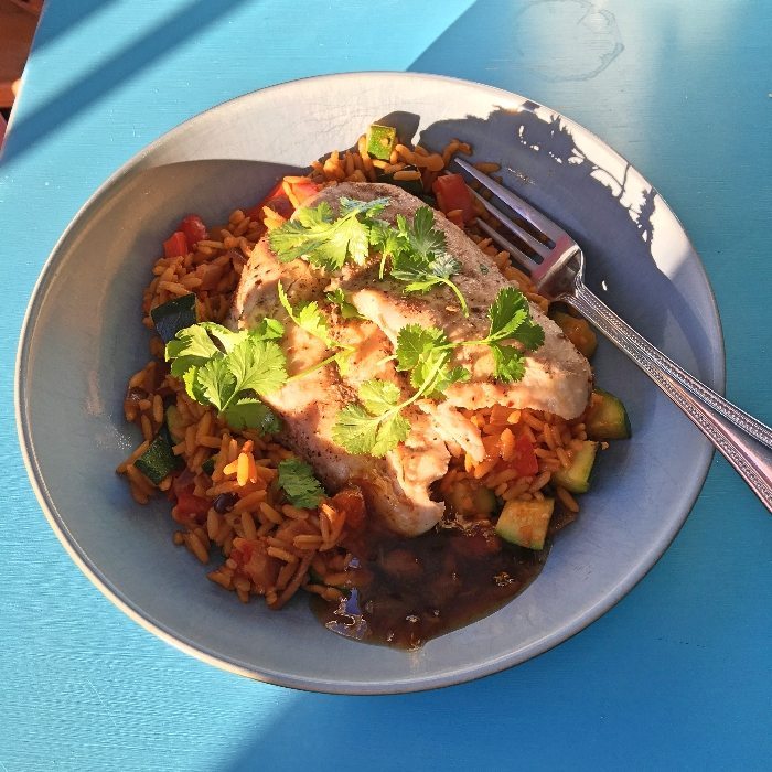 Jerk chicken with vegetable rice