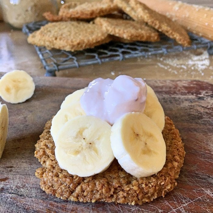 oatbran flapjack cookies for breakfast with banana and yogurt