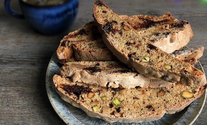 Spiced chocolate and pistachio biscotti