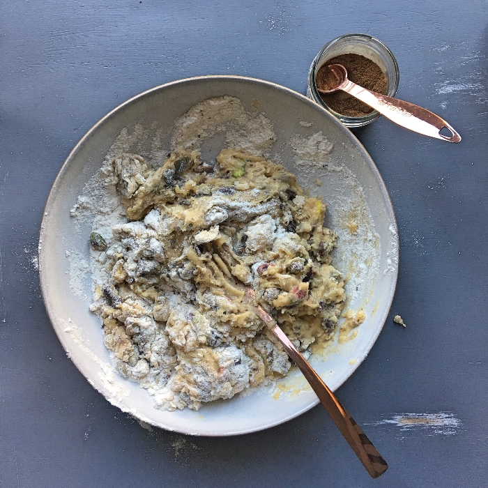 Spiced chocolate and pistachio biscotti - mix into a firm dough