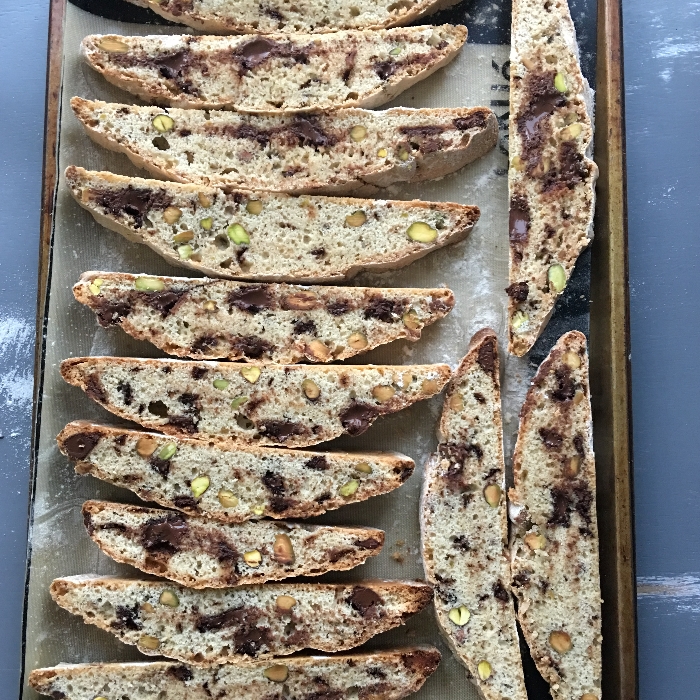 Spiced chocolate and pistachio biscotti - place cut side up on a baking tray