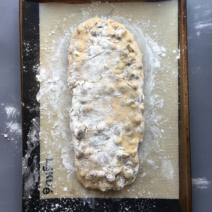 Spiced chocolate and pistachio biscotti - form the dough into a fat sausage