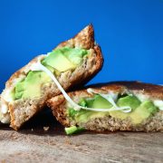 Rosemary rye bread toasties with avocado, pesto and mozzarella