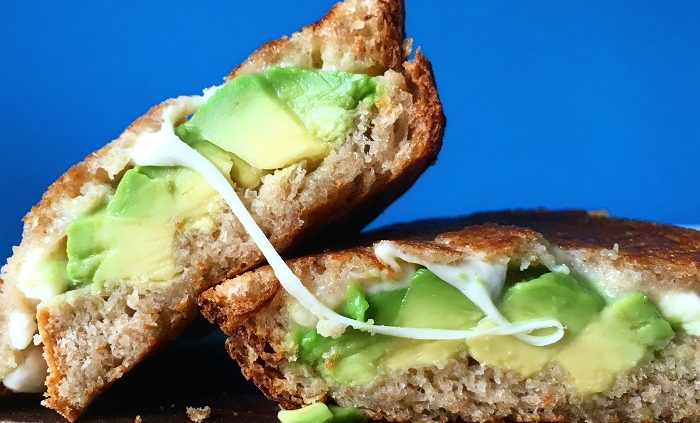 Rosemary rye bread toasties with avocado, pesto and mozzarella