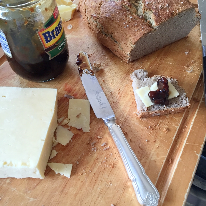 Rosemary rye bread with cheese and pickle