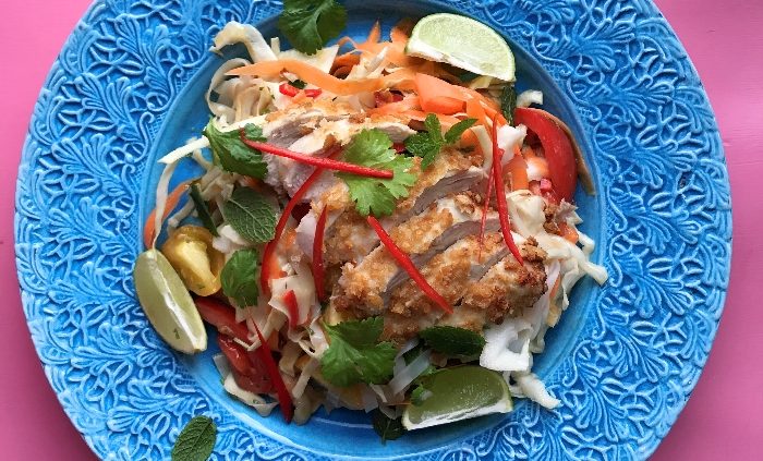 Crispy chicken with an Asian inspired noodle salad