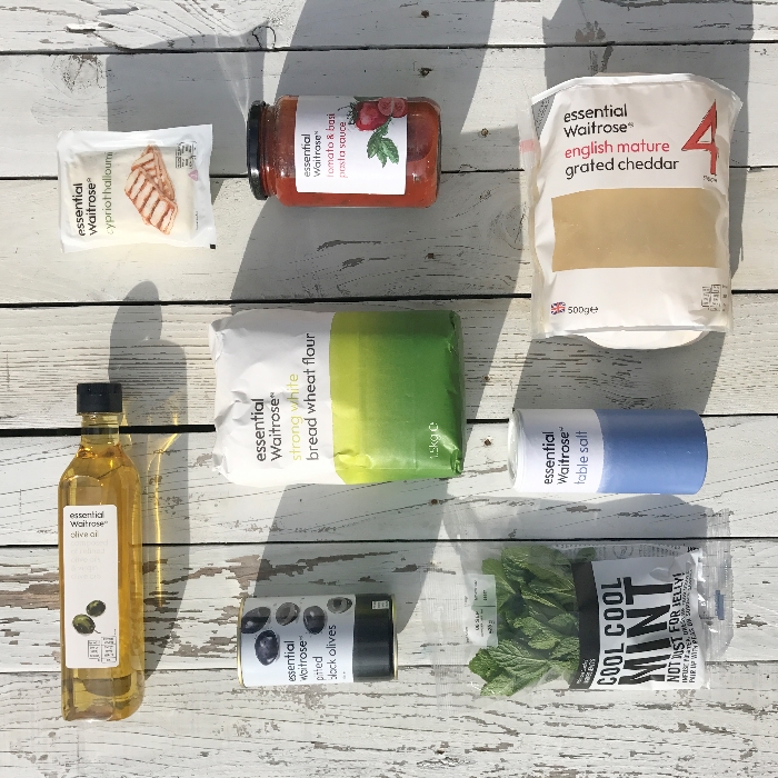 Essential Waitrose ingredients for halloumi, olive and mint pizzas