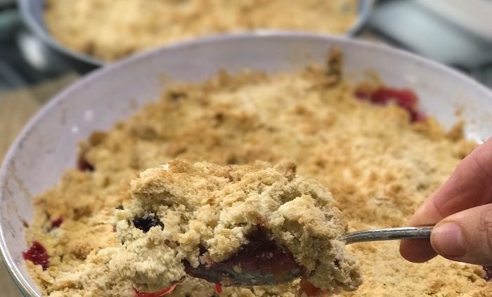 Apple, plum and blackberry crumble