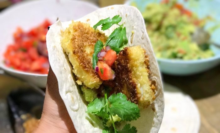 Baja fish tacos with fresh tomato salsa and guacamole