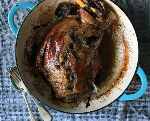 Slow roasted lamb shoulder with a sticky mint glaze