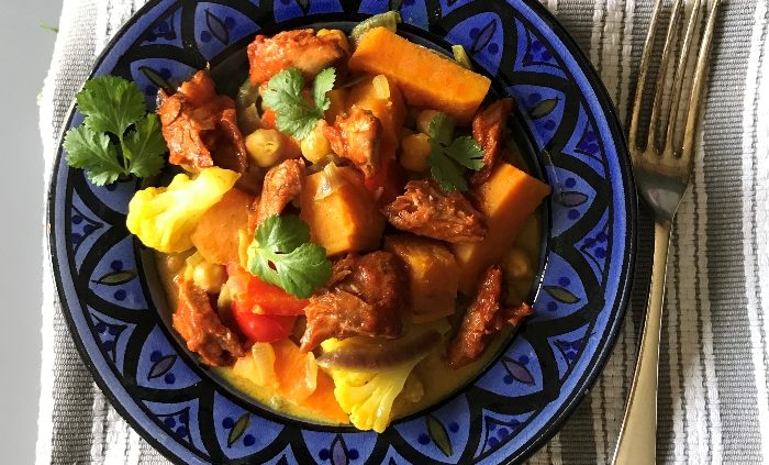 Spiced vegetable, coconut and mackerel stew