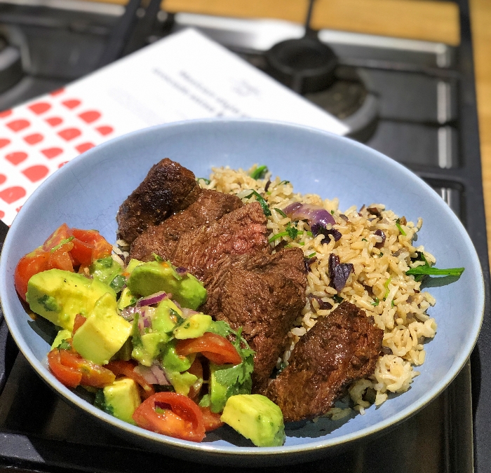 Mindful Chef Mexican steak with avocado salsa and brown rice with spinach and coriander