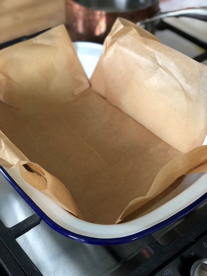Line a brownie pan with greaseproof baking paper