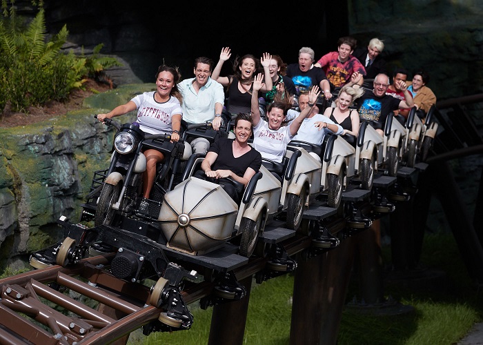 The brilliant moment that some of the Harry Potter cast rode Hagrid's Magical Creatures Motorbike Adventure