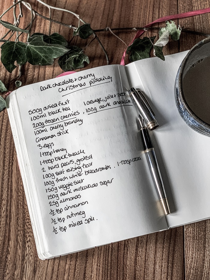 Dark chocolate and cherry Christmas pudding ingredients
