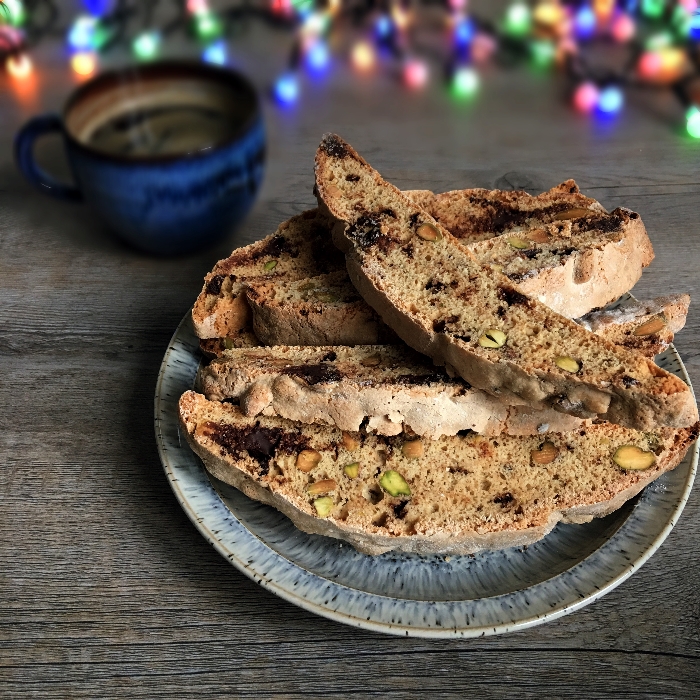 Chocolate and pistachio biscotti