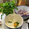 Spiced coconut veggie stew and onion fritters