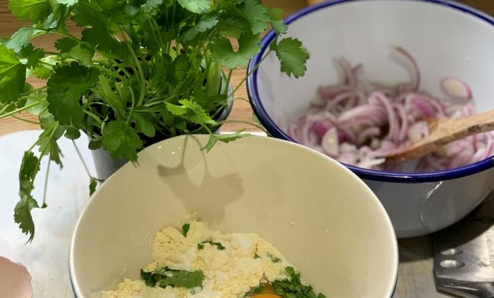 Spiced coconut veggie stew and onion fritters