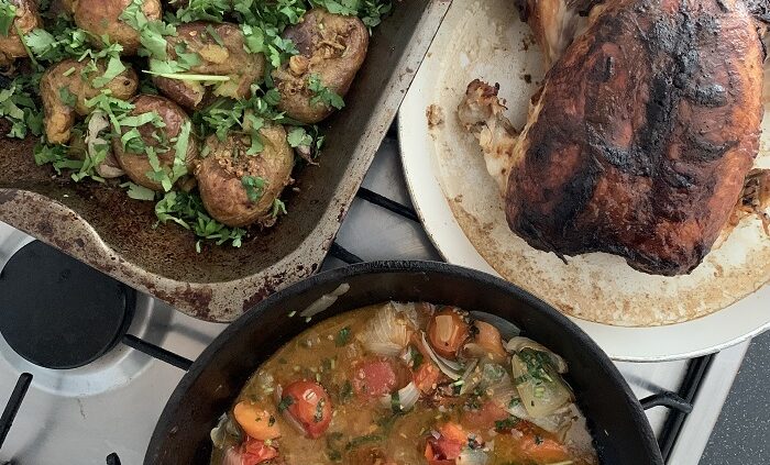 Masala spiced roast chicken and gunpowder potatoes