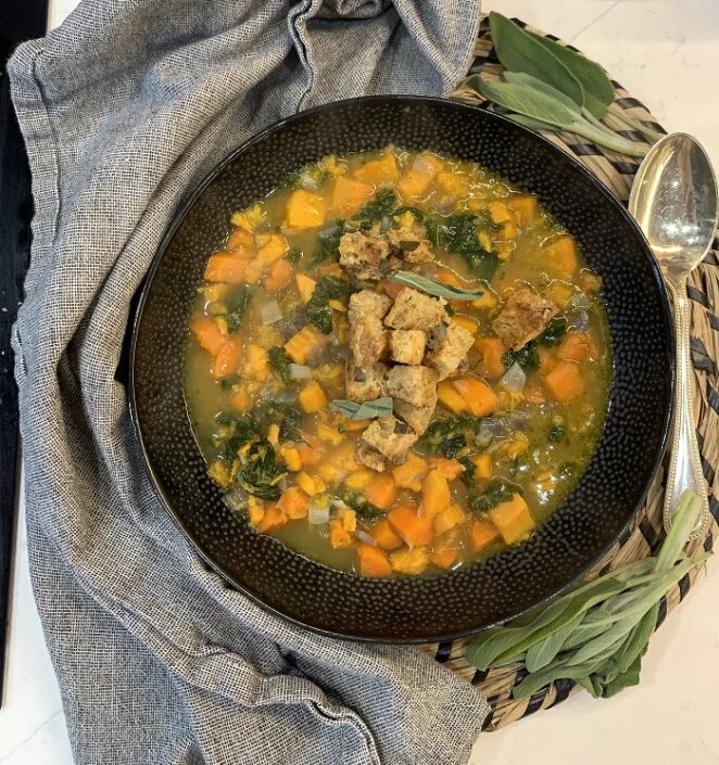 Sweet potato soup with parmesan and sage croutons Sweet potato soup with parmesan and sage croutons